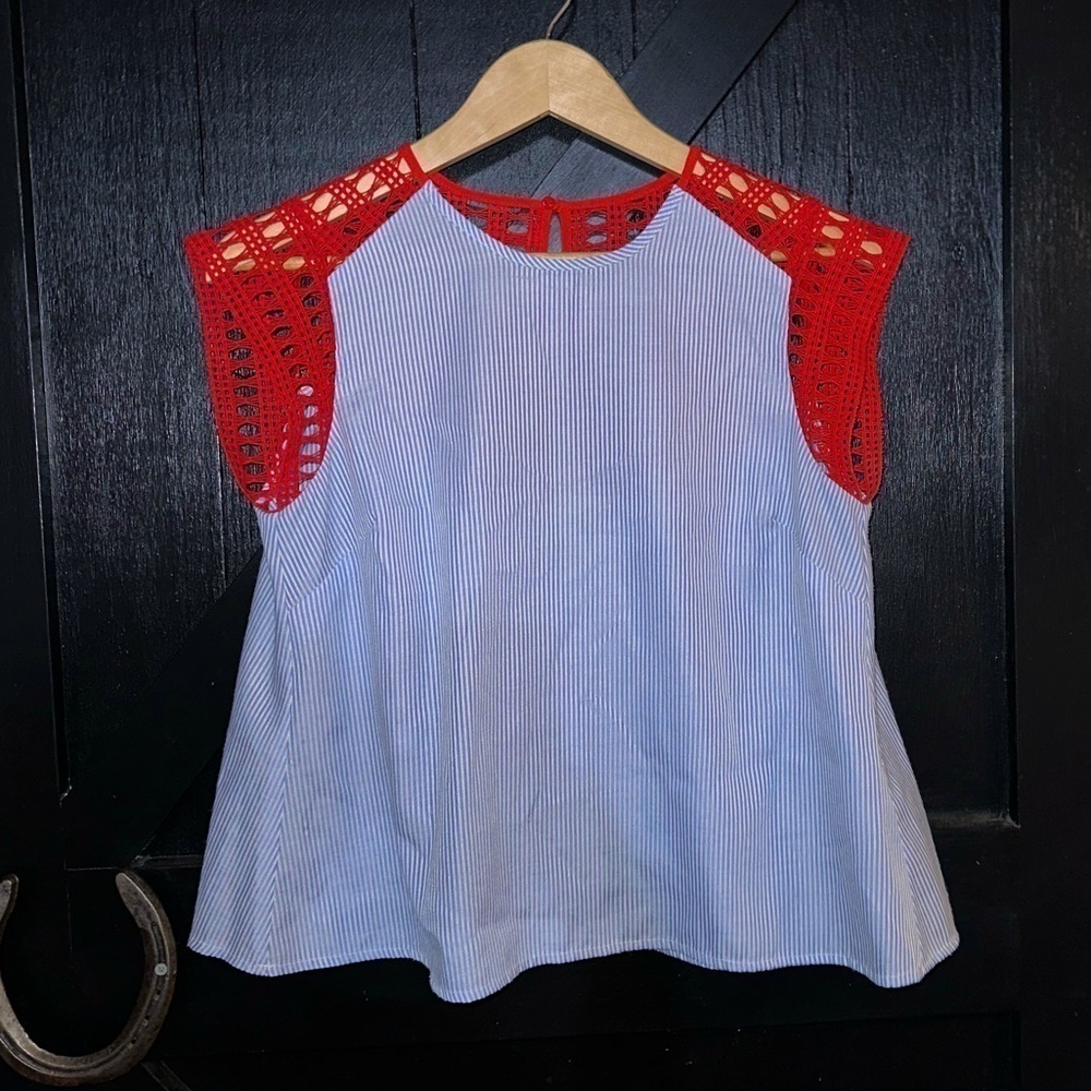 Anthropologie MAEVE Artsy Striped Poplin Crochet Colorful Blouse Top Sz XS